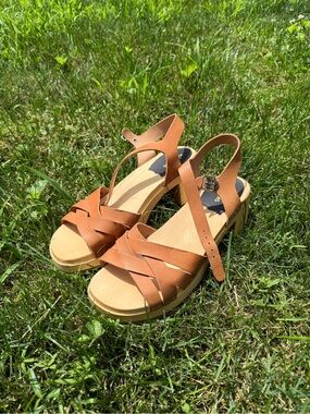 Swedish Hasbeens Cognac Leather Platform Sandals with Buckle